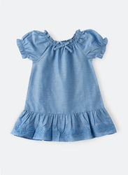 Jelliene Cotton Woven Dress with Emb At Hem for Girls, 3-4 Years, Blue