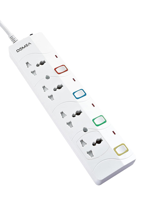 Domea Multi Plug Extension with 4 Universal Sockets, Plug Type Adaptor, 3 Meter Cable, Safety Fuse, Individual Switches, AX132, White