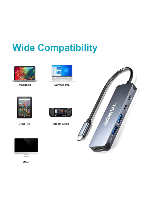 Mowsil 5-in-1 USB-C 4K HDMI and FHD VGA Dual Video Output Type-C Hub with 100W Power Delivery, Gigabit Ethernet, 3 USB 3.0 Ports, USB C to 3.5mm, SD/TF Slot for MacBook Pro/Air 2023/HP, Grey