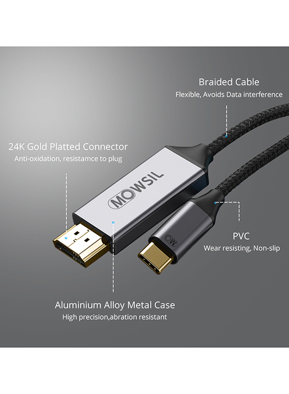 Mowsil 2-Meter 4K HDMI Cable, USB Type-C Male to HDMI, Braided Cable for USB Type-C Devices, Black/Silver