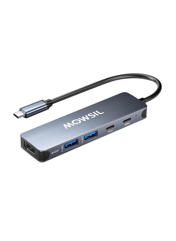 Mowsil 5-in-1 USB-C 4K HDMI and FHD VGA Dual Video Output Type-C Hub with 100W Power Delivery, Gigabit Ethernet, 3 USB 3.0 Ports, USB C to 3.5mm, SD/TF Slot for MacBook Pro/Air 2023/HP, Grey