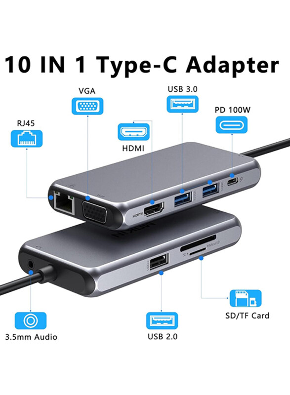 Mowsil 10-in-1 USB-C 4K HDMI and FHD VGA Dual Video Output Type-C Hub with 100W Power Delivery, Gigabit Ethernet, 3 USB 3.0 Ports, USB C to 3.5mm, SD/TF Slot for MacBook Pro/Air 2023/HP, Grey