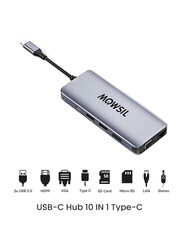 Mowsil 10-in-1 USB-C 4K HDMI and FHD VGA Dual Video Output Type-C Hub with 100W Power Delivery, Gigabit Ethernet, 3 USB 3.0 Ports, USB C to 3.5mm, SD/TF Slot for MacBook Pro/Air 2023/HP, Grey