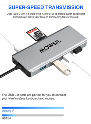 Mowsil 12-in-1 USB-C 4K HDMI and FHD VGA Dual Video Output Type-C Hub with 100W Power Delivery, Gigabit Ethernet, 3 USB 3.0 Ports, USB C to 3.5mm, SD/TF Slot for MacBook Pro/Air 2023/HP, Grey