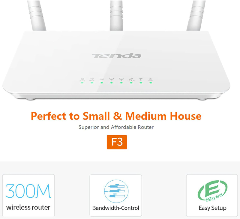 Tenda Wireless Wi-Fi Router with High Power 5dBi Antennas (F3), N300, White