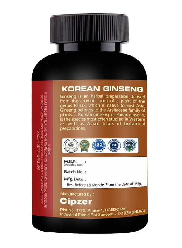 Cipzer Korean Ginseng Energy Booster Dietary Supplement, 500mg, 60 Capsules