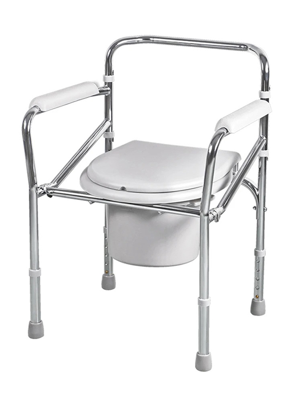 Media6 Foldable Standard Commode Chair, Silver/White