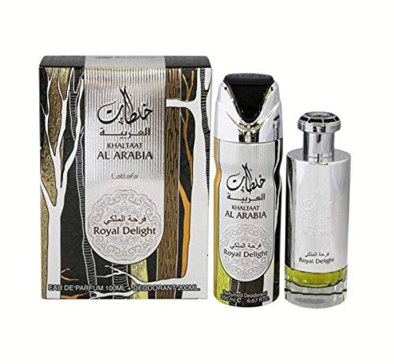 

Lattafa 2-Piece Perfume Set for Men, Khaltaat Al Arabia Royal Delight 100ml EDP Perfume, Khaltaat Al Arabia Royal Delight 200ml Deo