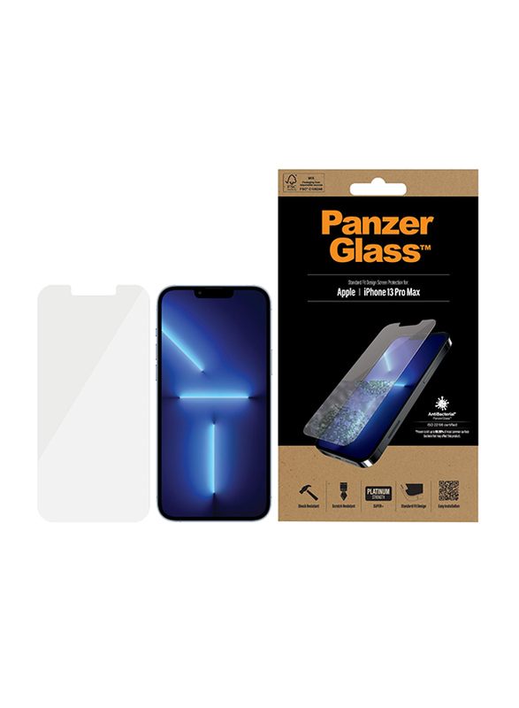 PanzerGlass Apple iPhone 13 Pro Max Standard Fit Mobile Phone Tempered Glass Screen Protector with Anti-Microbial, Clear
