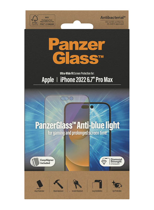 Panzerglass Apple iPhone 14 Pro Max 2022 Anti-Blue light Screen Protector, Black/Clear