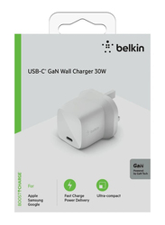 Belkin BoostCharge USB-PD GaN UK Wall Charger, 30W, White