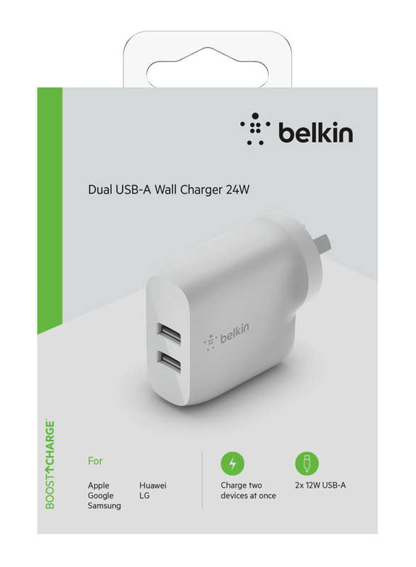 Belkin BoostCharge Dual USB-A UK Wall Charger, 2x 12W USB-A Ports, White