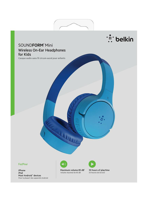 Belkin Soundform Mini Wireless On-Ear Headphones for Kids with Mic, Blue