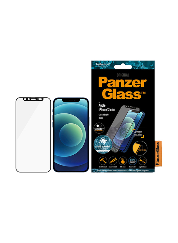 PanzerGlass Apple iPhone 12 Mini Edge-to-Edge Mobile Phone Tempered Glass Screen Protector with Anti-Microbial Surface and Cam Slider, Clear/Black Frame