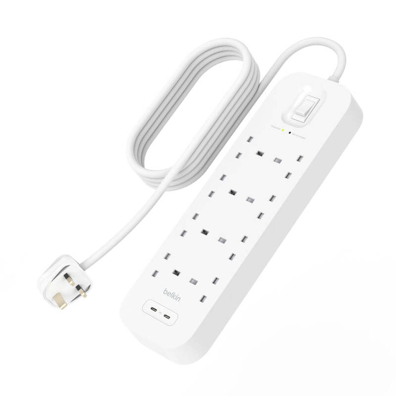 Belkin 8-Outlet Surge Protector w/ Dual USB-C Ports 30W 2meters Cable Length, 900 Joules Protection, PD Fast Charge, Heavy Duty Chord, w/ Switch & LED Indicator,  - UK 3-Pin