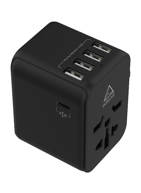 Adonit PD-4A1C US/AU/UK/EU International Plug Travel Adapter, 10A Smart High Speed, 1 x USB Type C, 4 x USB Type A, 5 USB Ports, Black