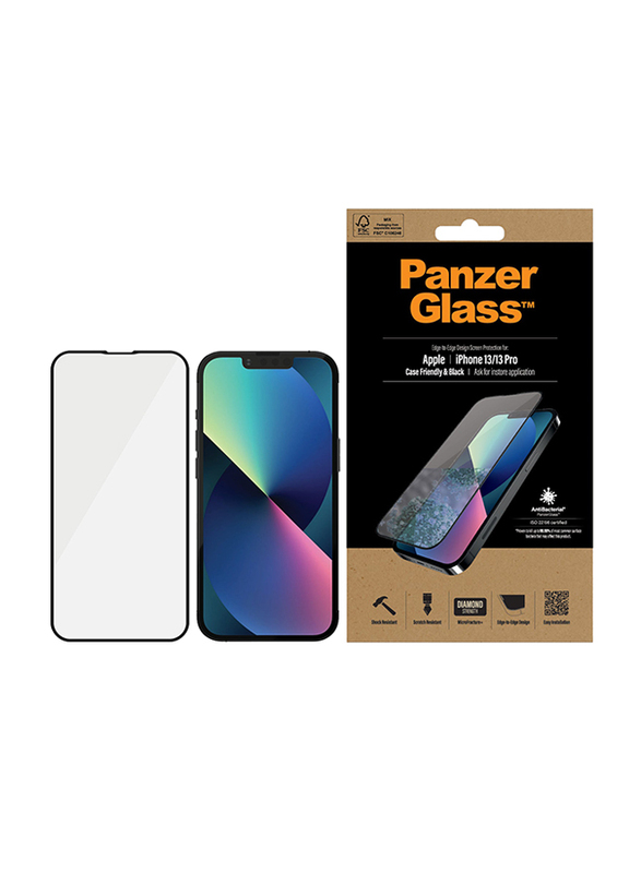 PanzerGlass Apple iPhone 13/13 Pro Max Edge-to-Edge Black Frame with Anti-Microbial Mobile Phone Screen Protector, Clear
