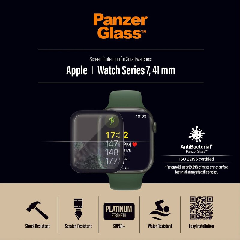 Panzerglass Super+Tempered Glass Screen Protector for Apple Watch Series 7 41mm, Black