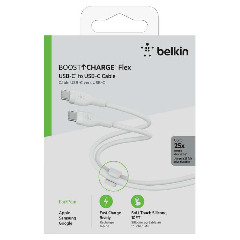 Belkin BoostCharge Flex USB-C to USB-C Charge & Sync Cable 3M Fast Charge Power Delivery, Heavy Duty, for Apple MacBook Air/Pro, iPad Pro/Air/Mini, Samsung Galaxy S23/22 Ultra - White