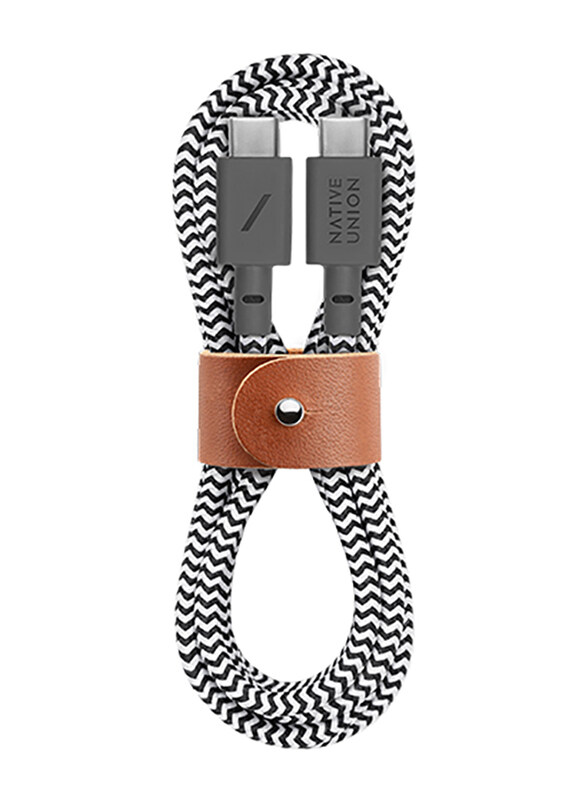 

Native Union 4-Feet Belt Braided Nylon PD USB Type-C Cable, USB Type-C Male to USB Type-C for Apple/Samsung Device, with Leather Strap, Zebra Black