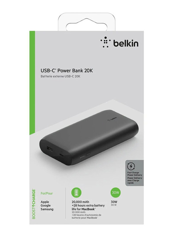 Belkin 20000mAh Boost Charge USB Type-C Power Bank, Powerful 30W PD Laptop & Phone Charger with Cable, Black