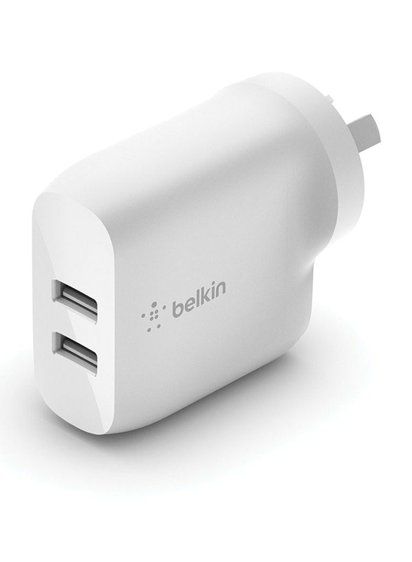Belkin BoostCharge Dual USB-A UK Wall Charger, 2x 12W USB-A Ports, White