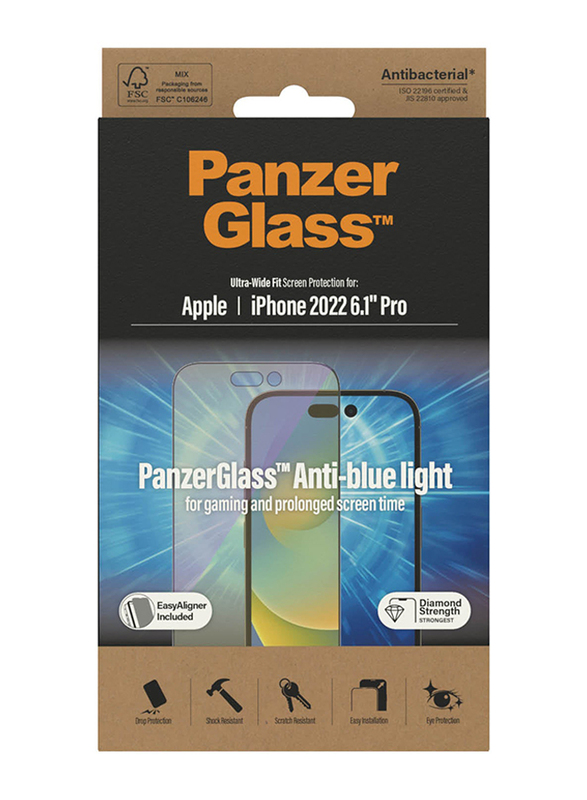Panzerglass Apple iPhone 14 Pro 2022 Anti-Blue light Screen Protector, Black/Clear