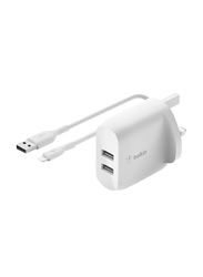 Belkin Boost Charge Dual USB-A Wall Charger with Lightning to USB-A Cable, 24W, White