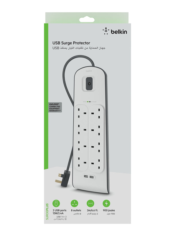 Belkin 8-Outlet Power Connection 2 USB Port, White/Grey