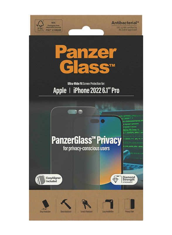 Panzerglass Apple iPhone 14 Pro 2022 Privacy Screen Protector, Black/Clear