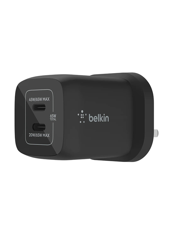 Belkin Boost Charge 65W Dual USB-C PD Wall Charger w/ PPS - Fast Charger w/ GAN Technology, Dual USB-C Ports, for Smartphones, Tablets, Apple MacbookPro 13"/ Air, ChromeBook, UK 3-Pin Plug, Black