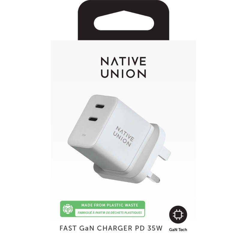 Native Union Fast GaN Charger PD 35W Dual USB-C Portable Multi charger, Smart Power Distribution, Multi Plugs for Travel (EU/UK/US) for  Apple iPhone, iPads, MacBook Air, Android, Samsung - White