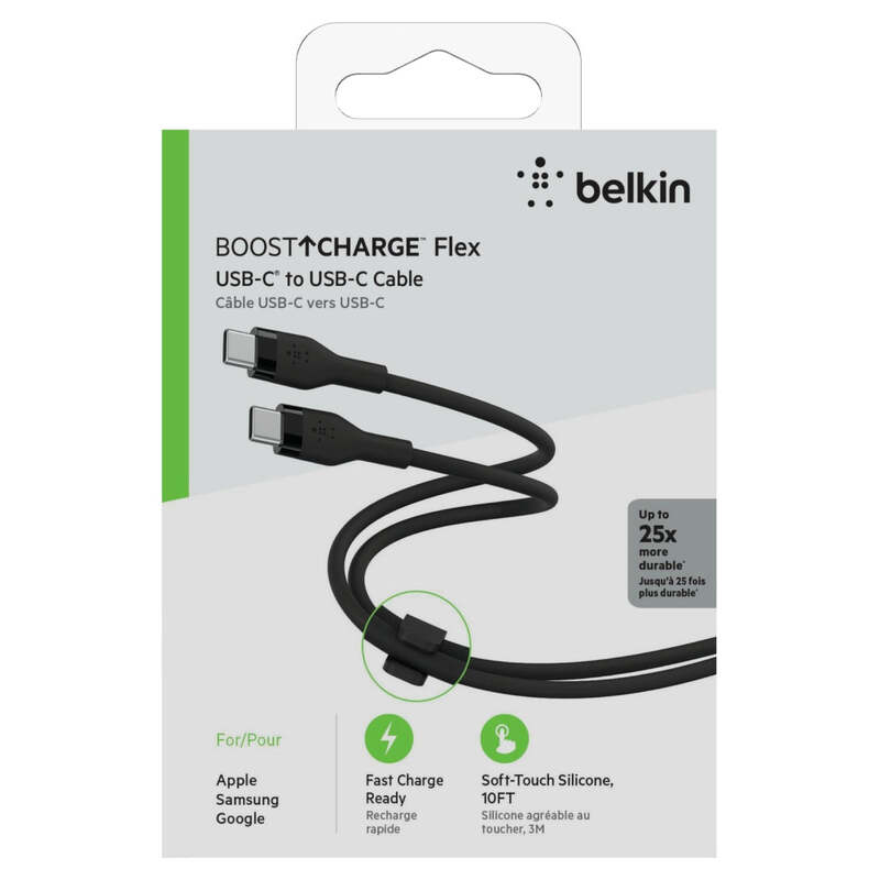 Belkin BoostCharge Flex USB-C to USB-C Charge & Sync Cable 3M Fast Charge Power Delivery, Heavy Duty, for Apple MacBook Air/Pro, iPad Pro/Air/Mini, Samsung Galaxy S23/22 Ultra - Black
