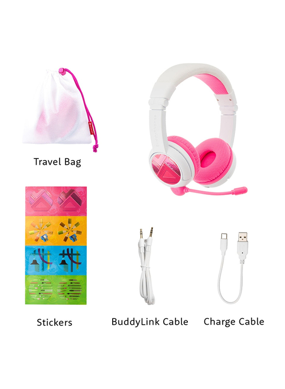 BuddyPhones School+ Wireless On-Ear Headphones with Boom Microphone for Kids, White/Pink