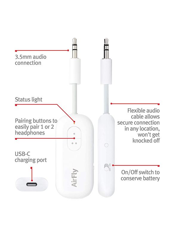Twelve South Airfly Duo Airpod Bluetooth Dongle for Air Flights, White