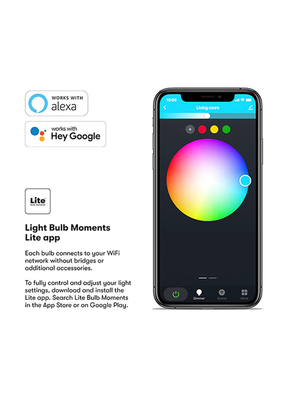 Lite Bulb Moment E27 A60 RGB LED Lamp, 2700-6500K Wifi & Bluetooth, 8.5W, 3 Pieces, White