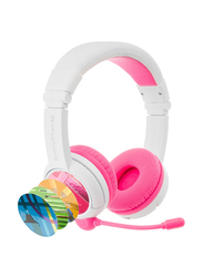 BuddyPhones School+ Wireless On-Ear Headphones with Boom Microphone for Kids, White/Pink