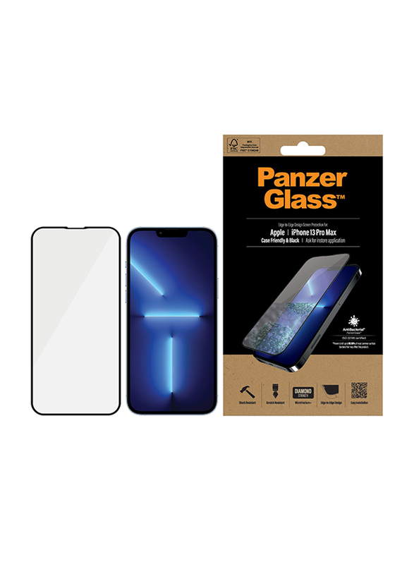 PanzerGlass Apple iPhone 13 Pro Max Edge-to-Edge Black Frame with Anti-Microbial Mobile Phone Screen Protector, Clear