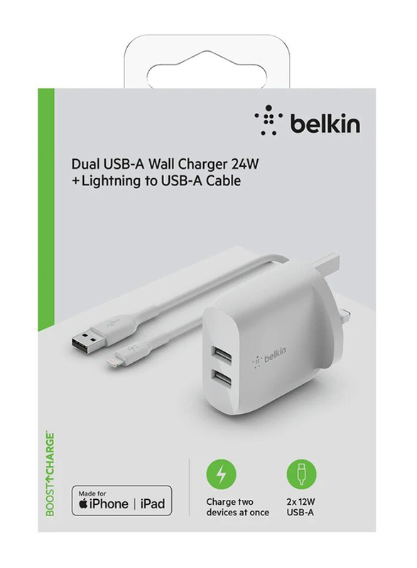 Belkin Boost Charge Dual USB-A Wall Charger with Lightning to USB-A Cable, 24W, White