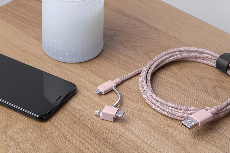 Native Union 2-Meter 3-in-1 Belt Charging Cable, USB Type A Male to Lightning/USB Type-C/Micro USB for Universal Devices, Rose