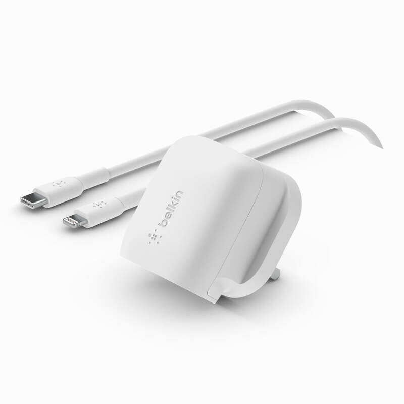 Belkin BoostCharge 20W Wall Charger + Lightning Cable 1m Fast Charge PD Portable Compact Drop Proof, 1x USB-C port, for Apple/Android iPhone 14/13/12 Pro Max, iPad, Samsung, 3-Pin UK - White