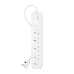 Belkin 4-Outlet Surge Protector w/ Charging Ports 18W 2meters Cable Length, 525 Joules Protection, PD Fast Charge 1x USB/C 1x USB-A, Heavy Duty Chord, w/ Switch & LED Indicator,  - UK 3-Pin
