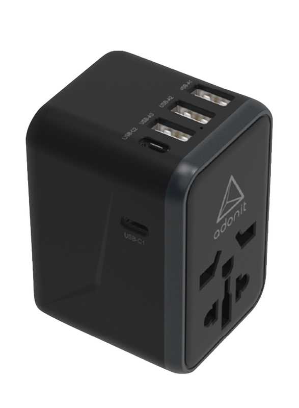 Adonit PD-3A2C US/AU/UK/EU International Plug Travel Adapter, 10A Smart High Speed, 2 x USB Type C, 3 x USB Type A, 5 USB Ports, Black