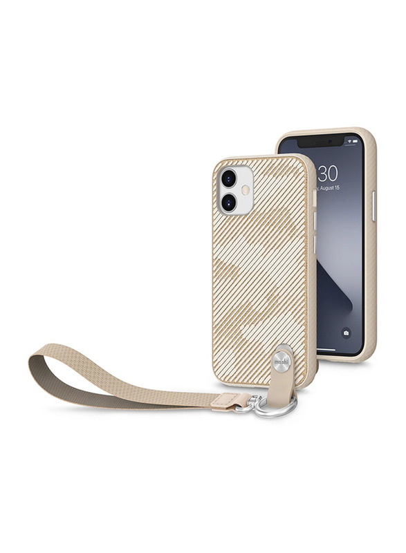 Moshi Apple iPhone 12 Mini Altra Drop Protection Detachable Wrist Strap Antimicrobial Slim Shell Mobile Phone Case Cover with Snapto System & Wireless Pass-Through Charging Compatible, Beige