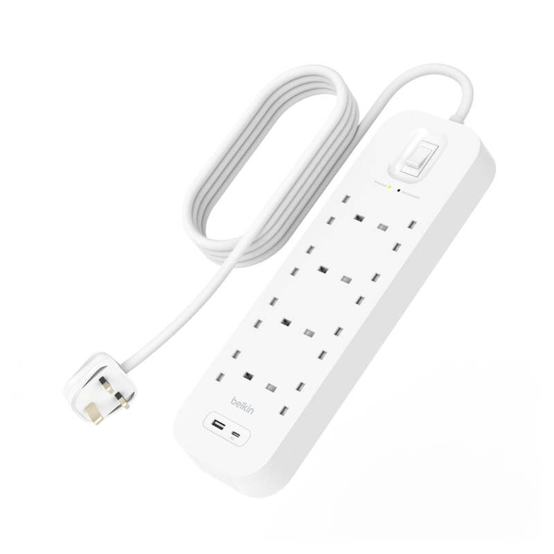 Belkin 8-Outlet Surge Protector w/ Charging Ports 18W 2meters Cable Length, 900 Joules Protection, PD Fast Charge 1x USB/C 1x USB-A, Heavy Duty Chord, w/ Switch & LED Indicator,  - UK 3-Pin