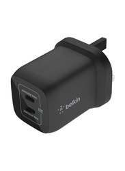 Belkin Boost Charge 65W Dual USB-C PD Wall Charger w/ PPS - Fast Charger w/ GAN Technology, Dual USB-C Ports, for Smartphones, Tablets, Apple MacbookPro 13"/ Air, ChromeBook, UK 3-Pin Plug, Black