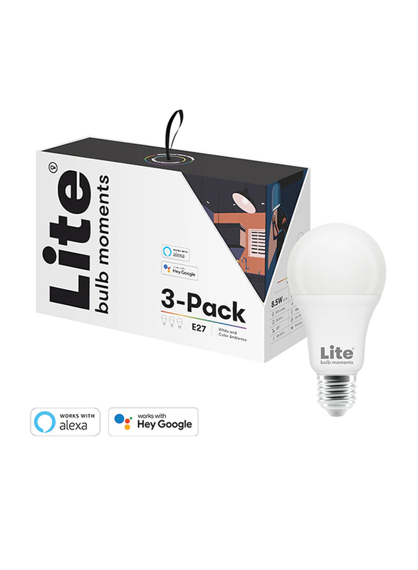 Lite Bulb Moment E27 A60 RGB LED Lamp, 2700-6500K Wifi & Bluetooth, 8.5W, 3 Pieces, White