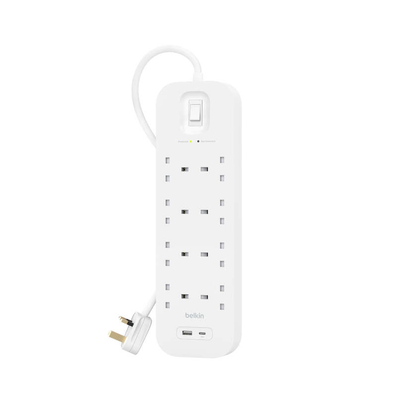 Belkin 8-Outlet Surge Protector w/ Charging Ports 18W 2meters Cable Length, 900 Joules Protection, PD Fast Charge 1x USB/C 1x USB-A, Heavy Duty Chord, w/ Switch & LED Indicator,  - UK 3-Pin