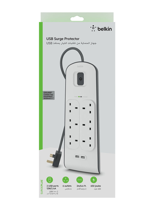 Belkin 6-Outlet Power Connection 2 USB Port, White/Grey