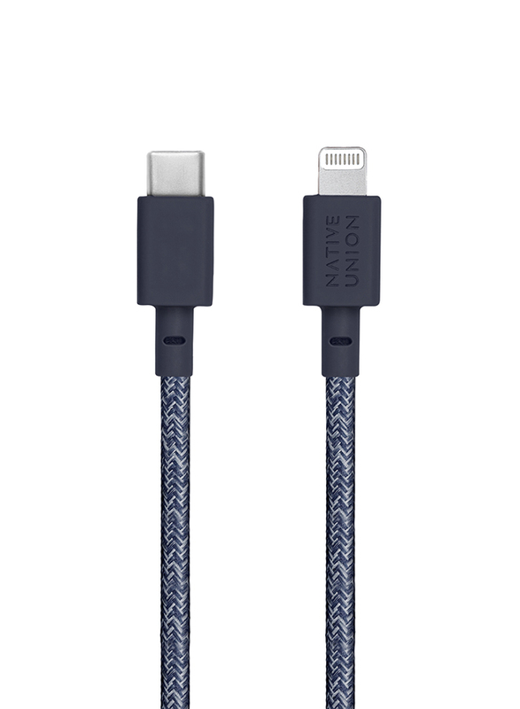 Native Union 10-Feet Belt Braided Nylon PD Lightning Cable, USB Type-C Male to Lightning for Apple Devices, with Leather Strap, Indigo Blue